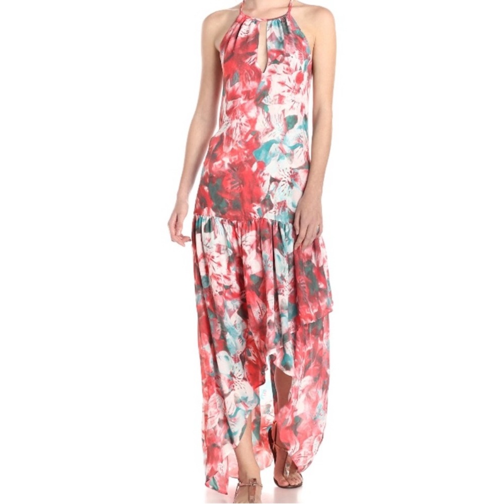Parker Coral and Teal Floral Halter High-Low Maxi Dress